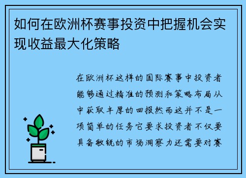 如何在欧洲杯赛事投资中把握机会实现收益最大化策略